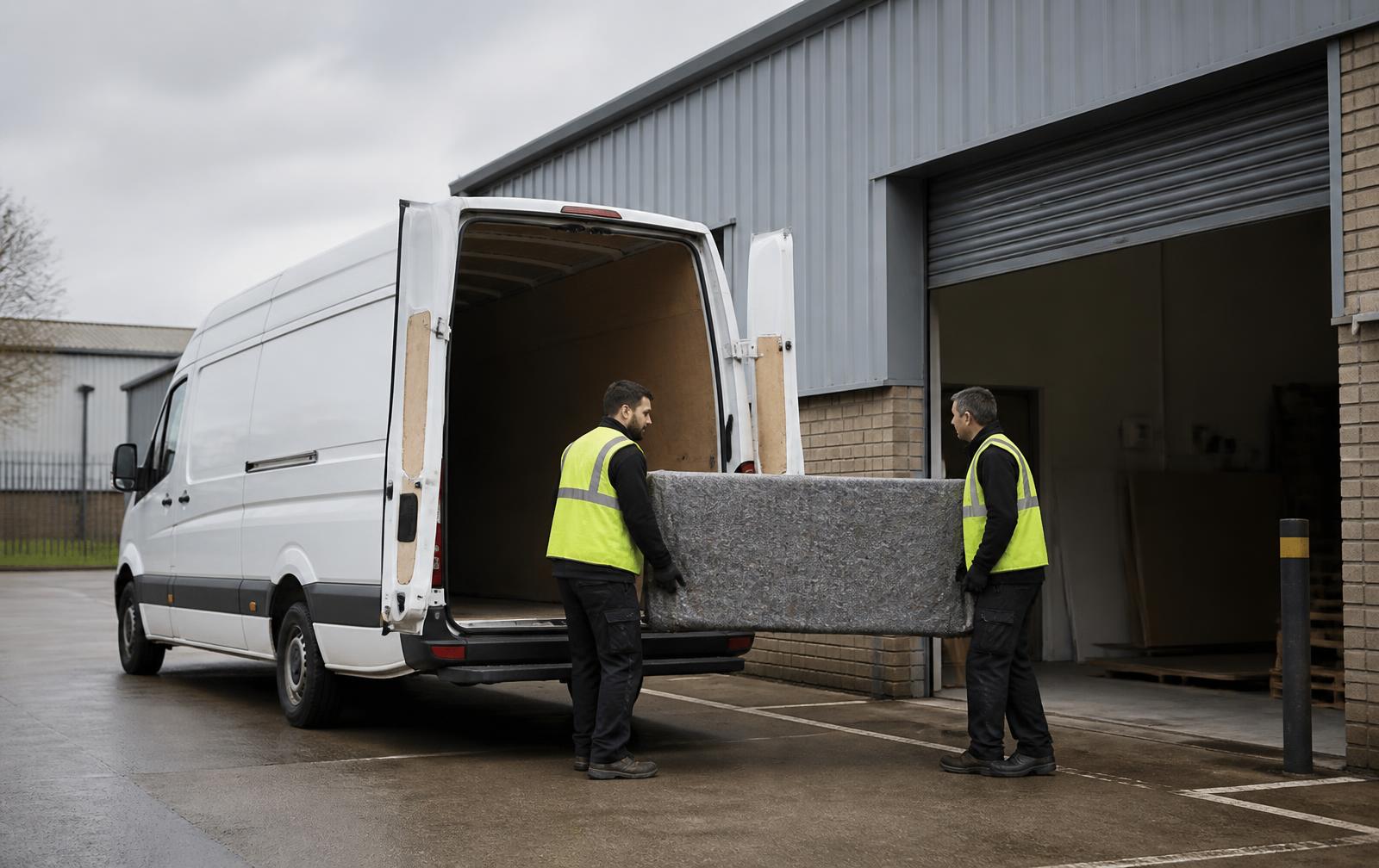 Two crew members in hi-vis vests loading a wrapped item into a white long-wheelbase van at a UK trade unit
