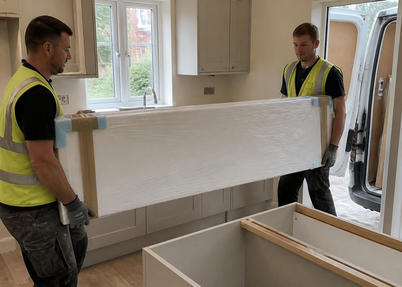 Two-person crew carrying a wrapped kitchen worktop into a UK kitchen installation